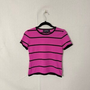 Kasper Petite Womens Pink Black Striped Knit Short Sleeve Top 2P Rayon Blend